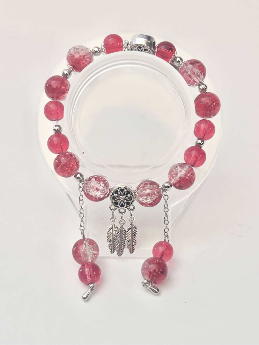 Handcrafted Red Crackle Bead Bracelet with Silver Feather Charm